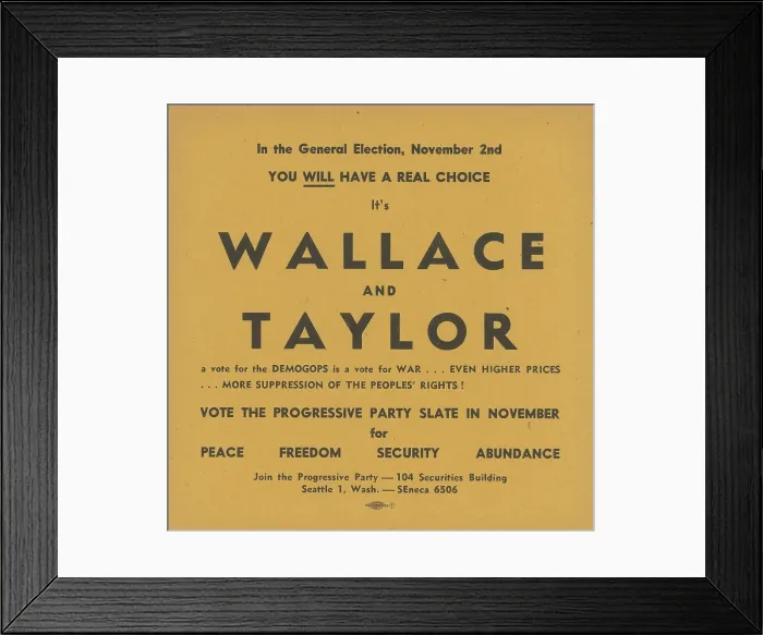 Framed Print : Progressive Party campaign poster in the 1948 U.S. Presidential election. It reads, a vote for the Demogops is a vote for War... Even higher prices Framed Print : Progressive Party campaign poster in the 1948 U.S. Presidential election. It reads, a vote for the Demogops is a vote for War... Even higher prices