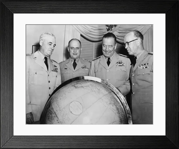 Framed Print : U.S. Armed Forces Joint Chiefs of Staff under President Eisenhower, 1953. Posed looking at a globe, L-R: Nathan F. Twining, Gen