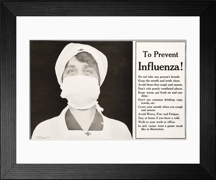 Framed Print : Spanish Flu Epidemic 1918-1919 in America. TO PREVENT INFLUENZA, a Red Cross nurse is pictured with a gauze mask over her nose and mouth Framed Print : Spanish Flu Epidemic 1918-1919 in America. TO PREVENT INFLUENZA, a Red Cross nurse is pictured with a gauze mask over her nose and mouth