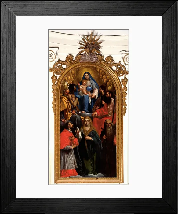 Framed Print : Damini Pietro, Madonna and Child with St John the Baptist, St Peter, St James, St Paul, St Carlo Borromeo, St Mary Magdalene and St Anthony the Abbot, 1625, 17th Century, canvas