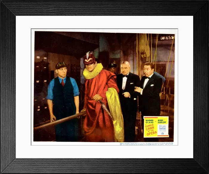 Framed Print : CHARLIE CHAN AT THE OPERA, lobbycard, Boris Karloff (red), Fred Kelsey (back, center), Frank Conroy (right of center), Warner Oland (right), 1936