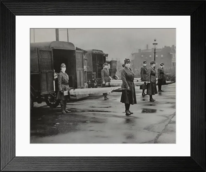 Framed Print : Spanish Flu Epidemic 1918-1919 in America. Masked American Red Cross Motor Corps women hold stretchers near ambulances for transport of severe influenza cases. St