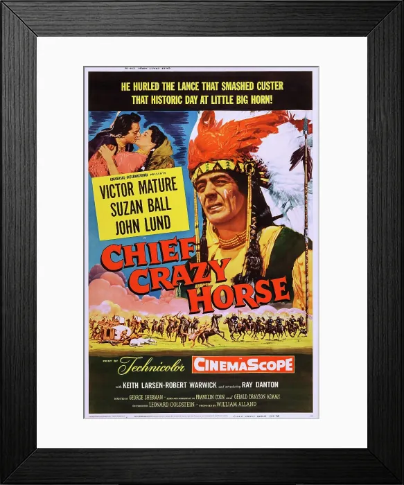 Framed Print : CHIEF CRAZY HORSE, US poster, from left: Victor Mature, Suzan Ball, Victor Mature, 1955