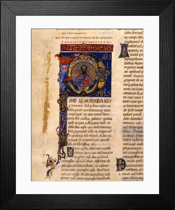 Framed Print : Illuminated Capital P with Saint Paul, ms. 3, by Unknown Artist, 12th Century, miniature - Italy, Friuli-Venezia Giulia, San Daniele del Friuli, Guarneriana Library. Detail Framed Print : Illuminated Capital P with Saint Paul, ms. 3, by Unknown Artist, 12th Century, miniature - Italy, Friuli-Venezia Giulia, San Daniele del Friuli, Guarneriana Library. Detail