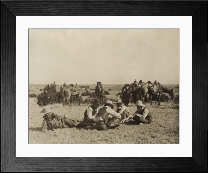Framed Print : Cowboys playing mumbly peg during a break at the Turkey Track Ranch in Texas in 1906 Framed Print : Cowboys playing mumbly peg during a break at the Turkey Track Ranch in Texas in 1906
