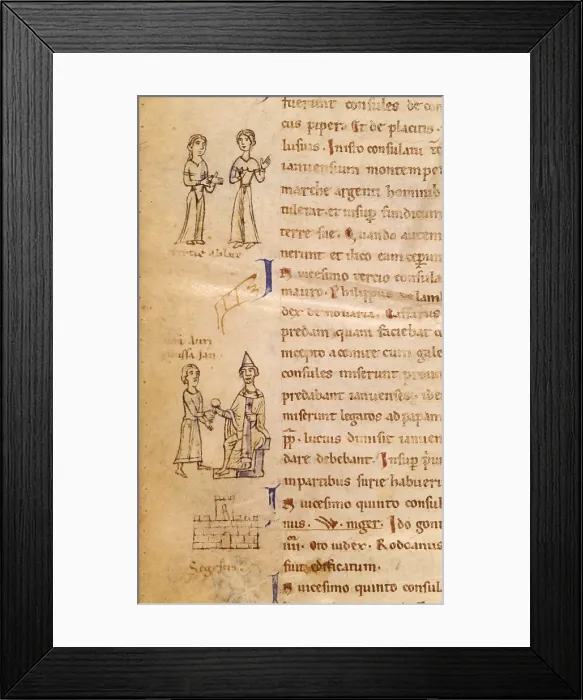 Framed Print : Two Women from Genoa Receiving Offers and Pope Lucio Receiving a Pound of Gold by Genoese People, from Annales Ianuenses, ms.lat. 10136, f Framed Print : Two Women from Genoa Receiving Offers and Pope Lucio Receiving a Pound of Gold by Genoese People, from Annales Ianuenses, ms.lat. 10136, f