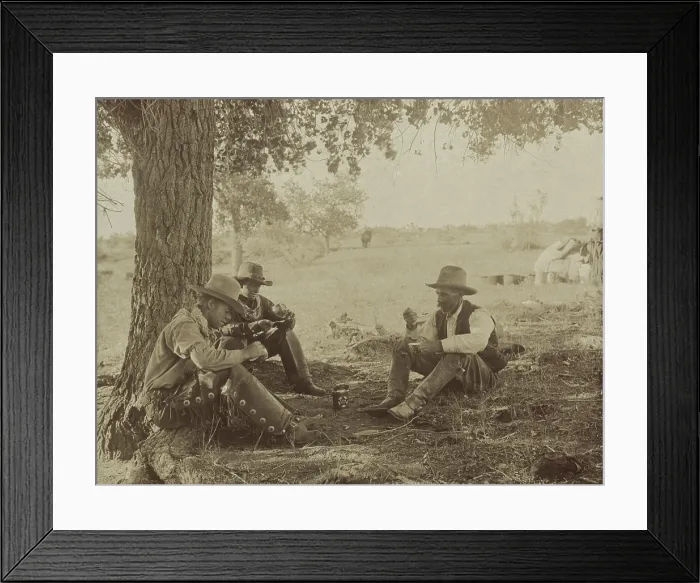 Framed Print : Three cowboys sitting under a tree, having a dinner of tomatoes from the can, at the LS Ranch in Texas. 1908 photo by Edwin E. Smith (BSLOC_2018_3_61) Framed Print : Three cowboys sitting under a tree, having a dinner of tomatoes from the can, at the LS Ranch in Texas. 1908 photo by Edwin E. Smith (BSLOC_2018_3_61)