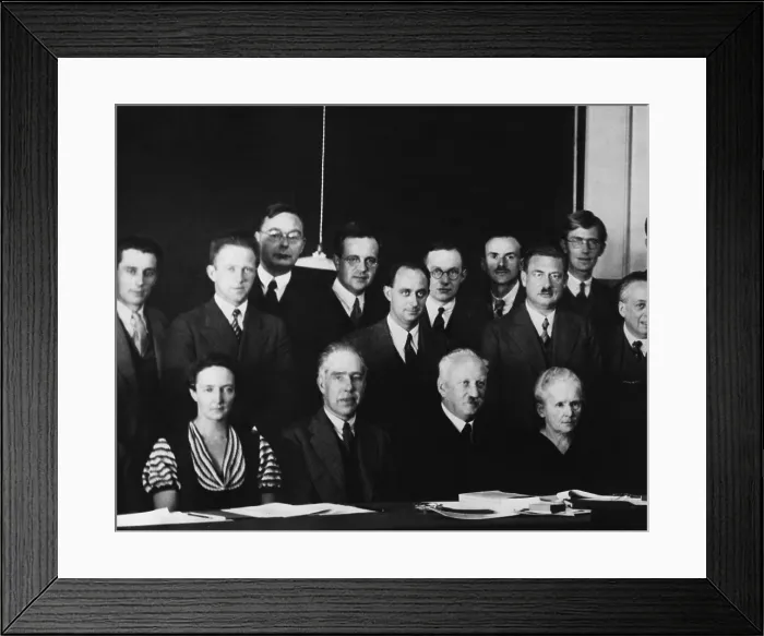 Framed Print : Physicists at the Seventh Solvay Physics Conference, Brussels, Belgium, October 1933. Seated, L-R: Irene Joliot-Curie, Niels Bohr, Abram Ioffe, Marie Curie Framed Print : Physicists at the Seventh Solvay Physics Conference, Brussels, Belgium, October 1933. Seated, L-R: Irene Joliot-Curie, Niels Bohr, Abram Ioffe, Marie Curie