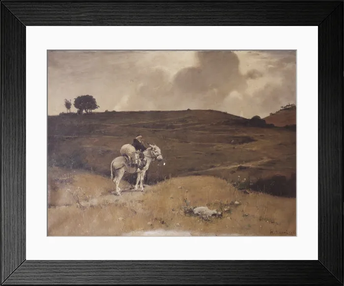 Framed Print : Rich Spoils, by Lorenzo Delleani, 1883, 19th Century, oil on canvas - Italy, Lombardy, Milan, Brera Collection. Whole artwork view. Landscape with a friar and a donkey