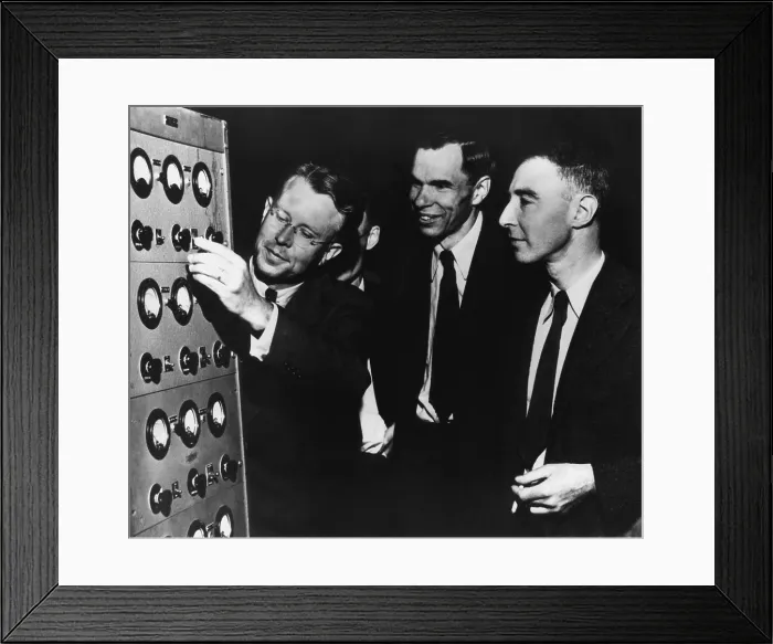 Framed Print : Ernest Lawrence, Glenn Seaborg, and Robert Oppenheimer at the Radiation Laboratory. All three scientists were working at the University of California, Berkeley. Early 1946 Framed Print : Ernest Lawrence, Glenn Seaborg, and Robert Oppenheimer at the Radiation Laboratory. All three scientists were working at the University of California, Berkeley. Early 1946