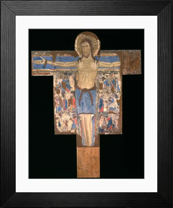 Framed Print : Painted Crucifix, by Unknown Artist, 13th Century, tempera on board - Italy, Tuscany, Siena, National Gallery. Whole artwork view