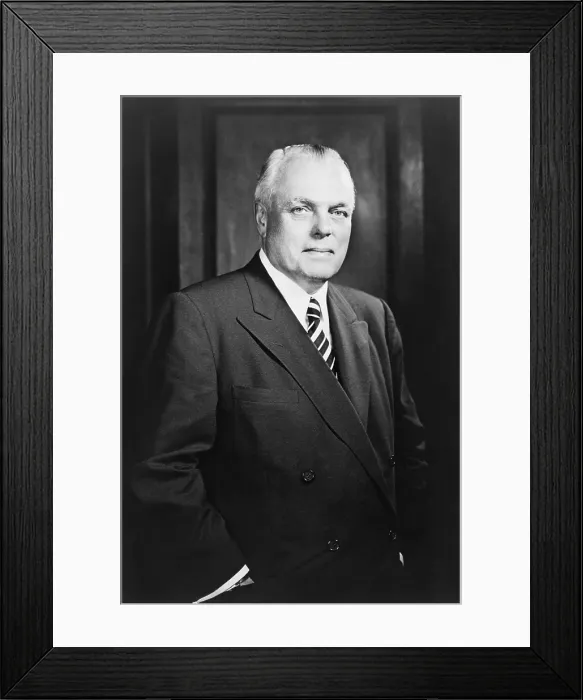 Framed Print : Howard Johnson, founder of an American chain of restaurants and motels. 1956 portrait by Fabian Bachrach. He started with a small soda shop in Quincy, Mass. In 1925