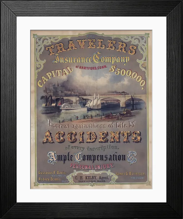 Framed Print : Travelers Insurance Company advertising poster. The company was founded in 1864 in Hartford Connecticut. Late 19th century. (BSLOC_2010_18_46) Framed Print : Travelers Insurance Company advertising poster. The company was founded in 1864 in Hartford Connecticut. Late 19th century. (BSLOC_2010_18_46)