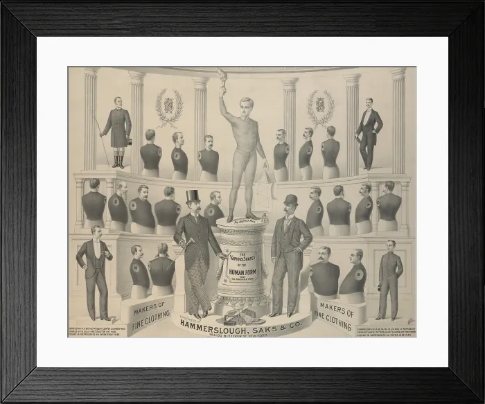 Framed Print : Advertisement for Hammerslough Saks Co. illustrating the variety of men's shapes for which they offered men's wear. Ca. 1890. (BSLOC_2010_18_54) Framed Print : Advertisement for Hammerslough Saks Co. illustrating the variety of men's shapes for which they offered men's wear. Ca. 1890. (BSLOC_2010_18_54)