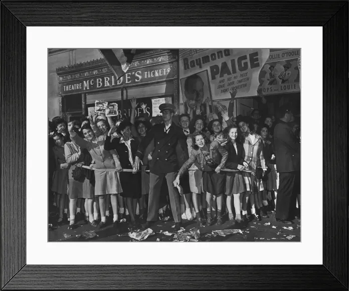 Framed Print : Bobby Soxer fans eagerly waiting to see Frank Sinatra outside the Paramount Theater. New York City, Oct. 12, 1944. (BSLOC_2015_14_163) Framed Print : Bobby Soxer fans eagerly waiting to see Frank Sinatra outside the Paramount Theater. New York City, Oct. 12, 1944. (BSLOC_2015_14_163)
