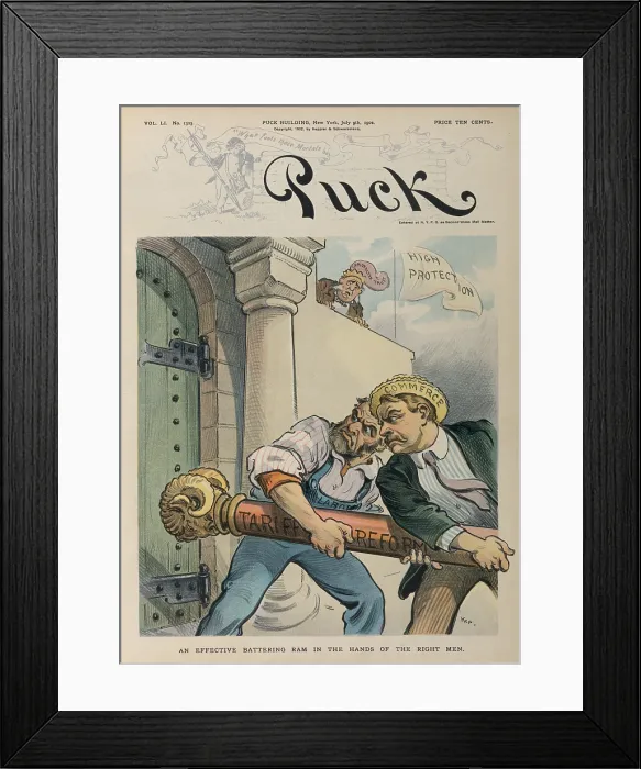 Framed Print : AN EFFECTIVE BATTERING RAM IN THE HANDS OF THE RIGHT MEN. Cartoon portrays labor and commerce using a battering ram to breech the wall of high protective tariffs