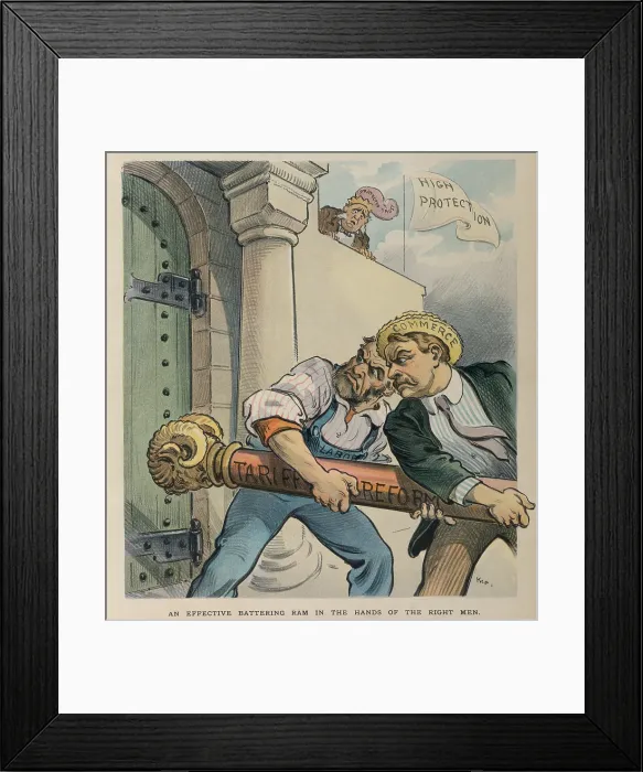 Framed Print : AN EFFECTIVE BATTERING RAM IN THE HANDS OF THE RIGHT MEN. Cartoon portrays labor and commerce using a battering ram to breech the wall of high protective tariffs Framed Print : AN EFFECTIVE BATTERING RAM IN THE HANDS OF THE RIGHT MEN. Cartoon portrays labor and commerce using a battering ram to breech the wall of high protective tariffs