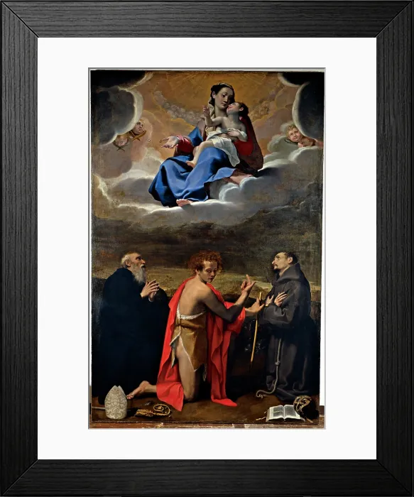 Framed Print : Cesi Bartolomeo, Madonna and Child with Sts Benedict, John the Baptist and Francis, 1556 - 1629, 16th Century, canvas, Italy, Emilia Romagna, Bologna, San Giacomo Maggiore Church