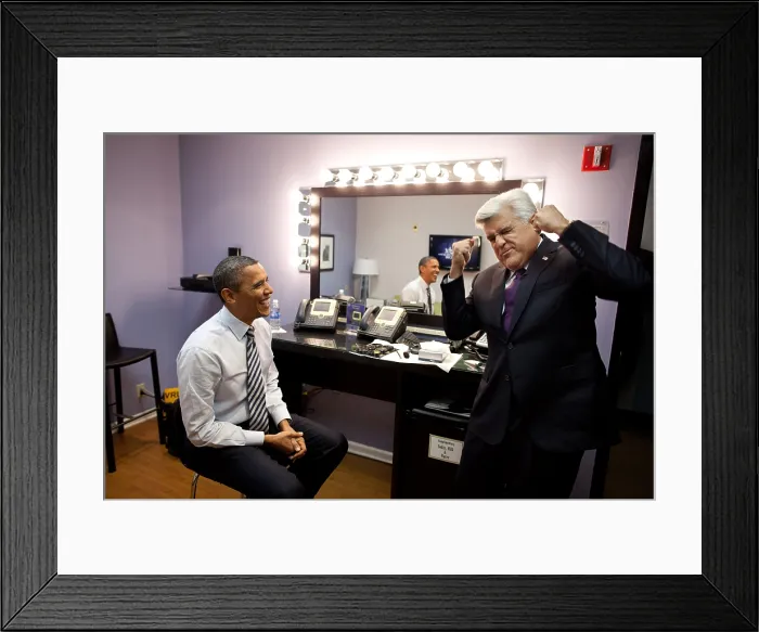 Framed Print : President Barack Obama and Jay Leno joke backstage at NBC Studios in Burbank, Calif. Oct. 25, 2011. (BSLOC_2015_3_108)