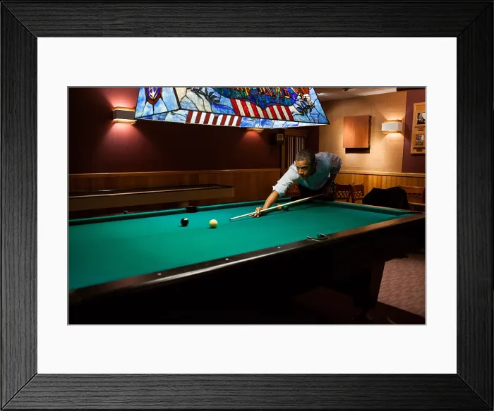 Framed Print : President Barack Obama plays pool after the G8 Summit at Camp David, Md. May 19, 2012. (BSLOC_2015_3_11) Framed Print : President Barack Obama plays pool after the G8 Summit at Camp David, Md. May 19, 2012. (BSLOC_2015_3_11)