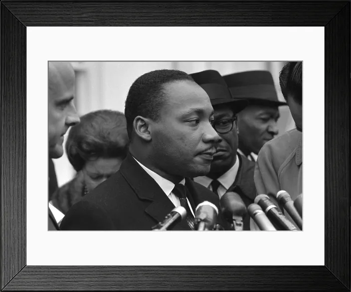 Framed Print : Only two weeks since JFK's assassination, Martin Luther King, met with President Lyndon Johnson. Dec. 6, 1963. Afterward, King spoke with reporters outside the White House