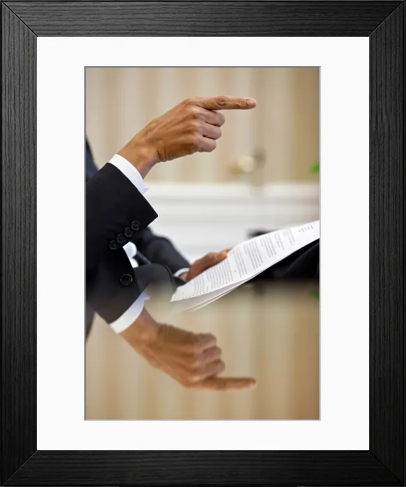Framed Print : President Barack Obama's pointed finger during a speech prep meeting in the Oval Office. April 12, 2010. (BSLOC_2015_3_10)