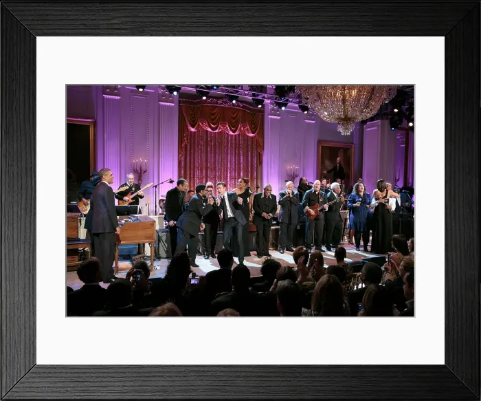 Framed Print : Musicians on stage during the finale of the In Performance at the White House: Memphis Soul'. President Barack Obama and First Lady Michelle Obama thank the performers