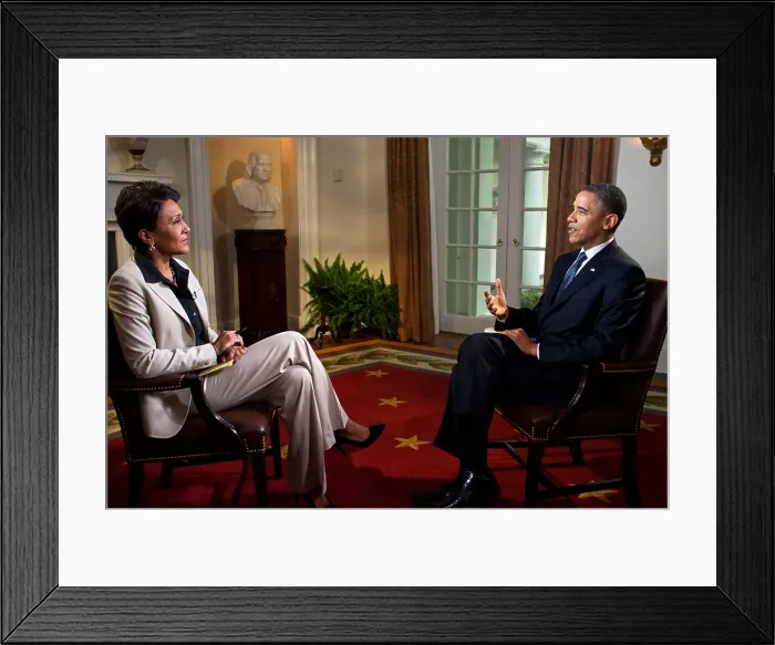 Framed Print : President Barack Obama interviewed by Robin Roberts of ABC's Good Morning America TV show. Cabinet Room of the White House, May 9, 2012. (BSLOC_2015_3_104)