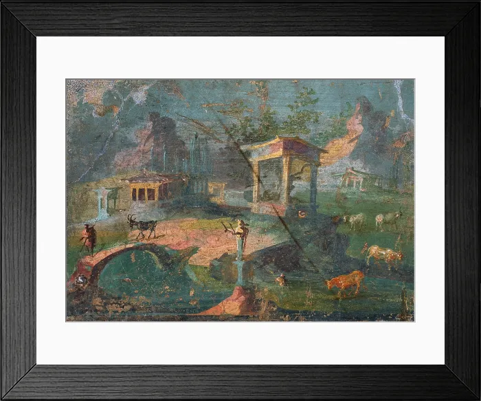 Framed Print : Landscape with Herding Flock, by unknown artist, 50-79, 1st Century A.D. ripped fresco, 28 x 38 cm - Italy, Campania, Naples, National Archaeological Museum, Room LXXIV, inv Framed Print : Landscape with Herding Flock, by unknown artist, 50-79, 1st Century A.D. ripped fresco, 28 x 38 cm - Italy, Campania, Naples, National Archaeological Museum, Room LXXIV, inv
