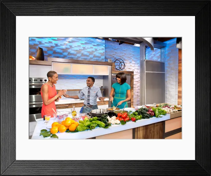 Framed Print : First Lady Michelle Obama, Good Morning America anchor Robin Roberts, and chef Marcus Samuelsson. They were promoting healthy cooking with vegetables. Feb. 22, 2013
