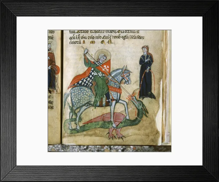 Framed Print : Life of St George and St Margaret, by Miniatore veronese, 1280 - 1299 about, 13th Century, tempera miniature on parchment, - Italy, Veneto, Verona, City Library. Detail Framed Print : Life of St George and St Margaret, by Miniatore veronese, 1280 - 1299 about, 13th Century, tempera miniature on parchment, - Italy, Veneto, Verona, City Library. Detail