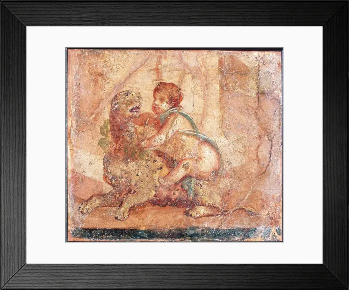 Framed Print : Cupid with Panther, by unknown artist, 62-79, 1st Century A.D. ripped fresco, 35 x 37 cm - Italy, Campania, Naples, National Archaeological Museum, Room LXVIII, inv. 9122