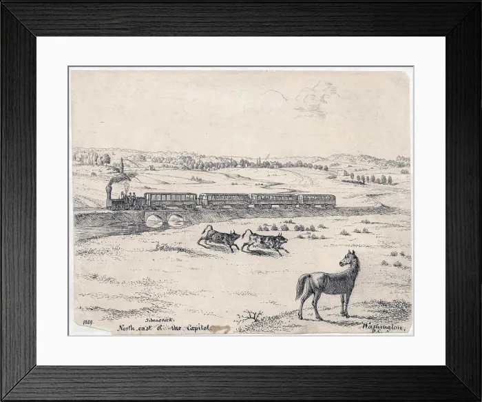 Framed Print : A passenger train crossing Tiber Creek, northeast of Washington, DC. 1839 Framed Print : A passenger train crossing Tiber Creek, northeast of Washington, DC. 1839