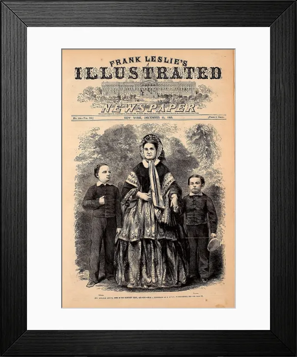 Framed Print : Mrs. Abraham Lincoln, wife of the President-elect, and sons, William and Thomas, on a newspaper front page