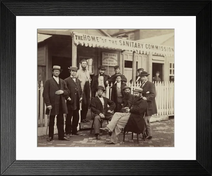 Framed Print : Sanitary Commission workers at the entrance of the Home Lodge, in Washington, DC, during the US Civil War, 1861-65. George Templeton Strong (far left) was one of its founders Framed Print : Sanitary Commission workers at the entrance of the Home Lodge, in Washington, DC, during the US Civil War, 1861-65. George Templeton Strong (far left) was one of its founders