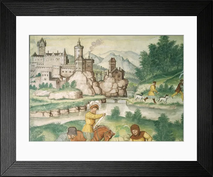 Framed Print : Hunting scenes, by Lombard Anonymous Artist, 1550 - 1599 about, 16th Century, Fresco, - Italy, Lombardy, Varese, Varese, Collegio De Filippi. Detail Framed Print : Hunting scenes, by Lombard Anonymous Artist, 1550 - 1599 about, 16th Century, Fresco, - Italy, Lombardy, Varese, Varese, Collegio De Filippi. Detail