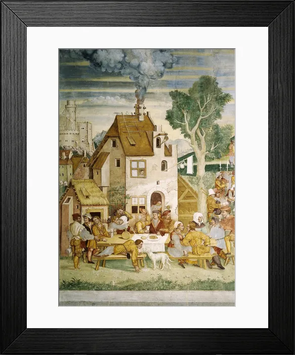 Framed Print : Hunting scenes, by Lombard Anonymous Artist, 1550 - 1599 about, 16th Century, Fresco, - Italy, Lombardy, Varese, Varese, Collegio De Filippi. Detail Framed Print : Hunting scenes, by Lombard Anonymous Artist, 1550 - 1599 about, 16th Century, Fresco, - Italy, Lombardy, Varese, Varese, Collegio De Filippi. Detail