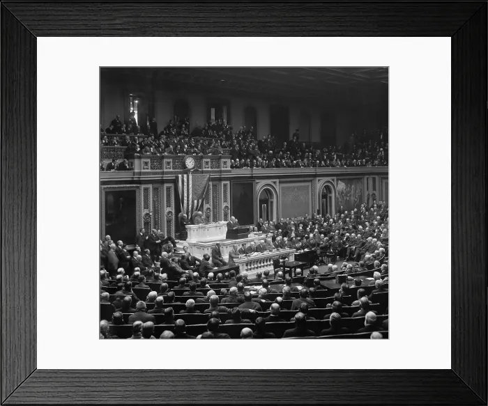 Framed Print : President Woodrow Wilson asking Congress for the authority to arm merchant ships, Feb. 26, 1916. He also requested a credit to provide shipping insurance against the war damages Framed Print : President Woodrow Wilson asking Congress for the authority to arm merchant ships, Feb. 26, 1916. He also requested a credit to provide shipping insurance against the war damages