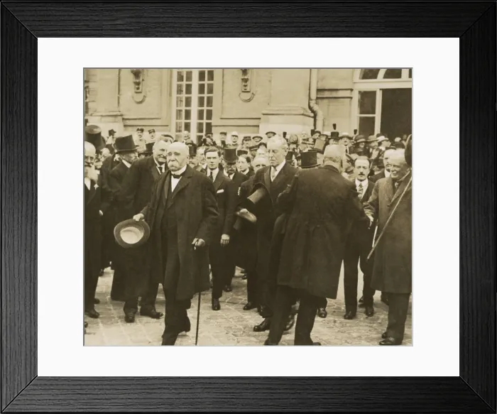 Framed Print : Clemenceau, Wilson, and Lloyd George leaving Palace of Versailles after signing Paris Peace Treaty. June 28, 1919
