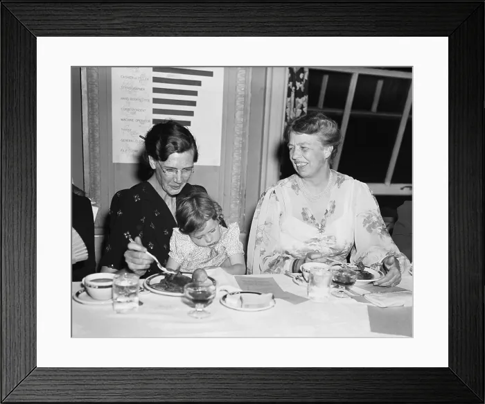 Framed Print : First Lady Eleanor Roosevelt at the Daughters of the American Depression Conference, May 14, 1940. On left, Federal relief clients, Mrs. Hugh Easley and her daughter of St Framed Print : First Lady Eleanor Roosevelt at the Daughters of the American Depression Conference, May 14, 1940. On left, Federal relief clients, Mrs. Hugh Easley and her daughter of St