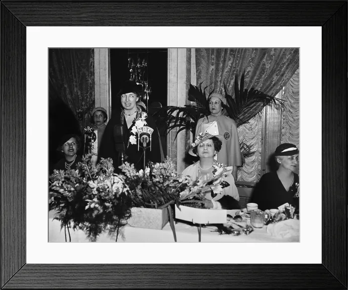 Framed Print : First Lady Eleanor Roosevelt speaks at luncheon of Womens League of United Synagogues in 1936. L-R: Mrs. Morris Gewirz, Mrs. Roosevelt, and Mrs. Samuel Spiegal (BSLOC_2016_14_100)