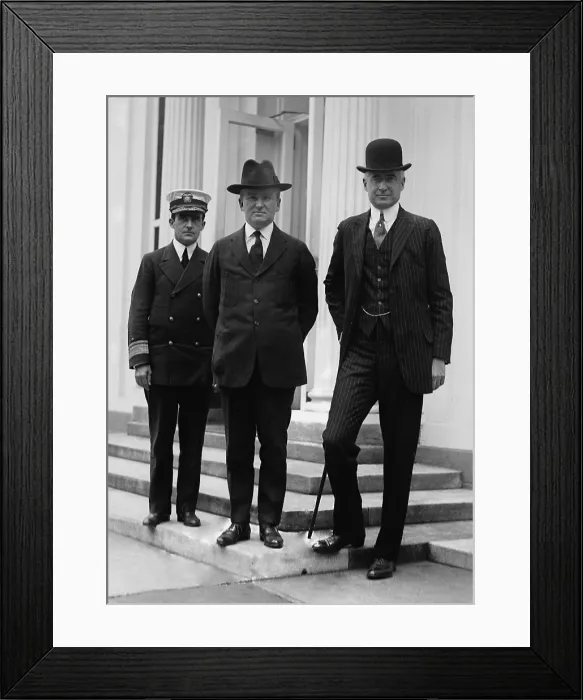 Framed Print : Admiral Cary Grayson, Joseph Tumulty, and Bernard Baruch outside the White House, c. 1918-1920