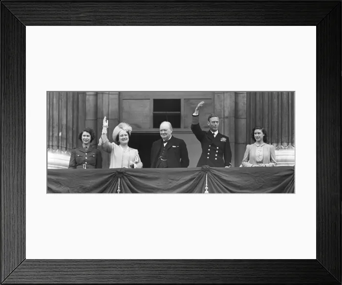 Framed Print : British Royal Family waves to crowds on Victory in Europe Day, May 8, 1945. Prime Minister Winston Churchill takes the central position of honor on the Buckingham Palace balcony Framed Print : British Royal Family waves to crowds on Victory in Europe Day, May 8, 1945. Prime Minister Winston Churchill takes the central position of honor on the Buckingham Palace balcony