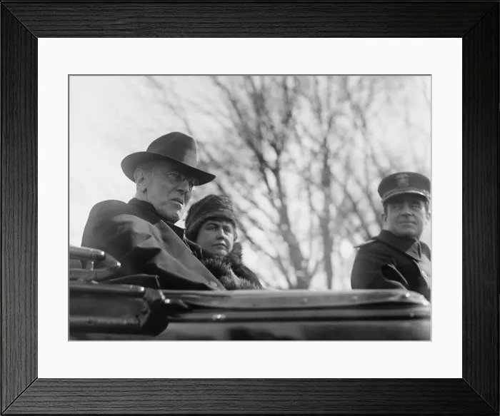 Framed Print : President Woodrow Wilson and wife Edith during an automobile ride accompanied by Adm. Cary Grayson, Wilsons personal physician