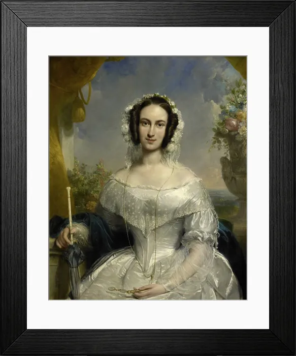 Framed Print : Agatha Petronella Hartsen in Bridal Gown, by Jan Willem Pieneman, 1841, Dutch painting, oil on canvas. Romantic wedding portrait with flowers and a landscape background