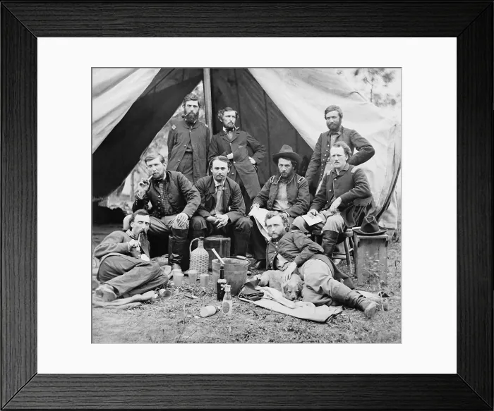 Framed Print : US Civil War, Peninsula Campaign, June 25-July 1, 1862. The staff of Brigadier Gen. Fitz John Porter (standing, left) and his staff relax at camp. Lieut