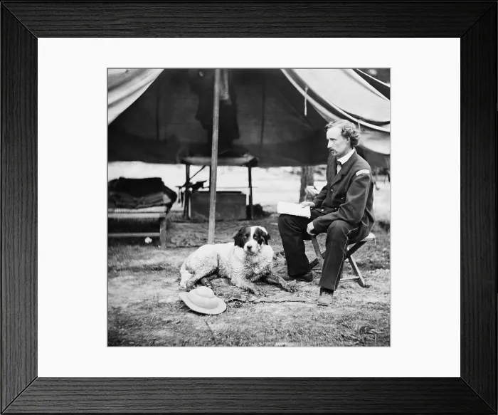 Framed Print : US Civil War, Peninsula Campaign, April-August, 1862. Lieut. George Armstrong Custer seated in front of a camp tent with dog