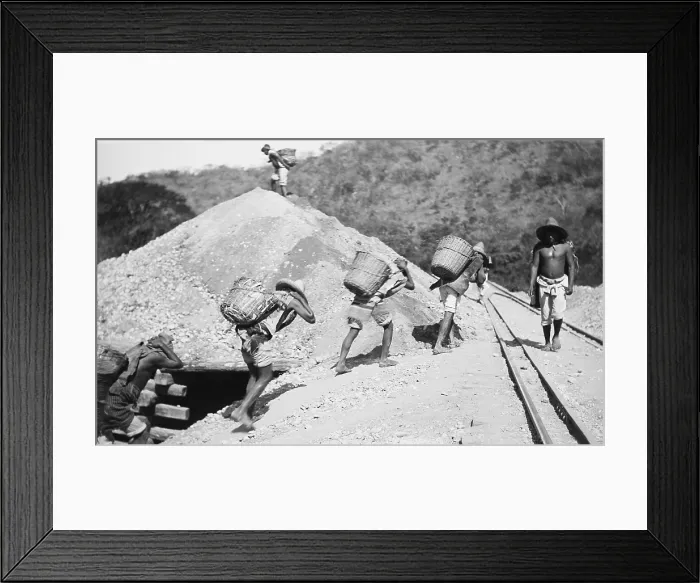 Framed Print : Peons haul baskets of earth up a steep railroad near Rascon, Mexico, c. 1890