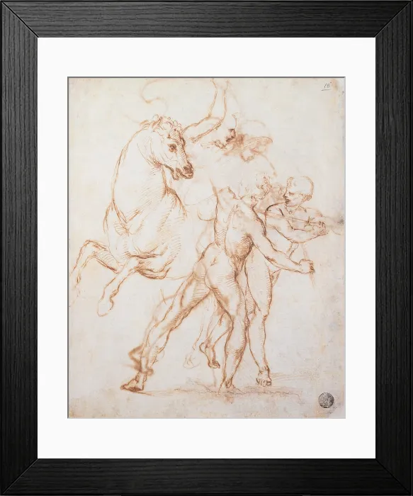 Framed Print : Sanzio Raffaello, A Warrior Riding a Horse and Fighting against Two Nude Standing Figures, 1505, 16th Century, pen and brown ink, traces of fountain pen on yellow paper, Italy Framed Print : Sanzio Raffaello, A Warrior Riding a Horse and Fighting against Two Nude Standing Figures, 1505, 16th Century, pen and brown ink, traces of fountain pen on yellow paper, Italy
