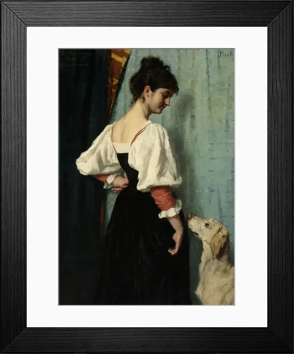 Framed Print : Portrait of a Young Woman, with Puck the Dog, by Therese Schwartze, c. 1879-85, Dutch painting, oil on canvas